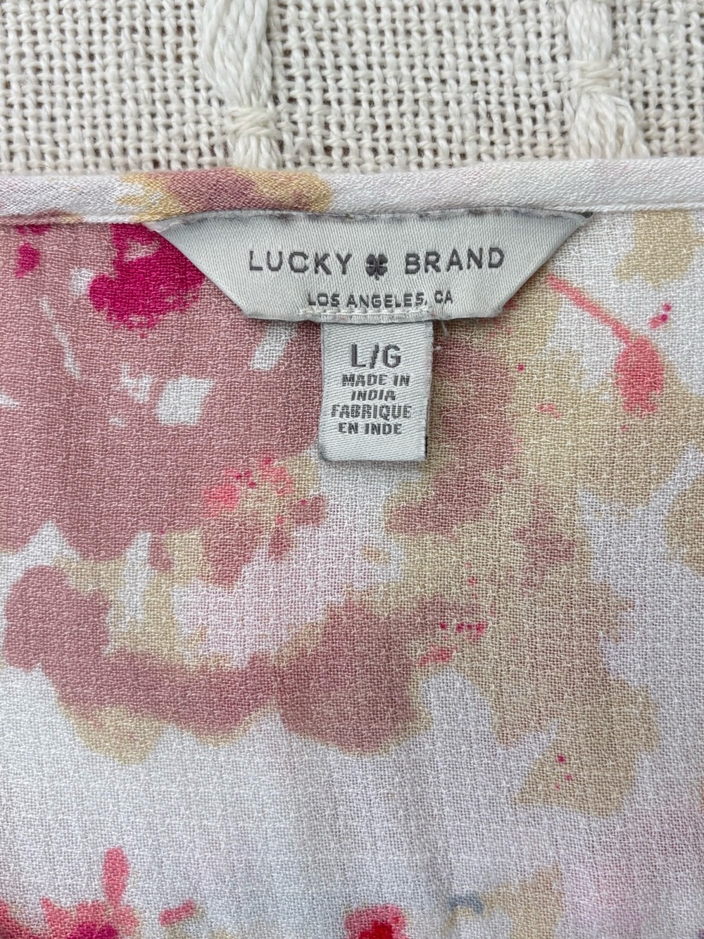 Lucky Brand Floral Peasant Blouse Top Boho Tie Neck Smocked Cuff Size Large - Picture 2 of 12